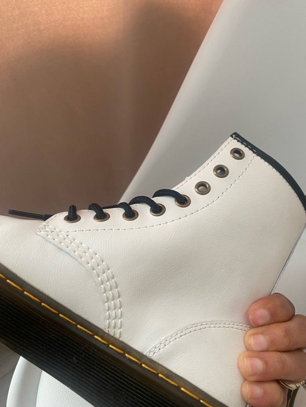 Dr. Martens White Leather Lace-Up Combat Boots with Black Laces - Picture 4 of 6